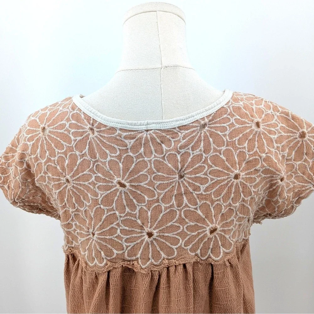 Boho Floral Lace Blouse Peach Gauze Top Free People XS Banded Hem Soft‎ Summer